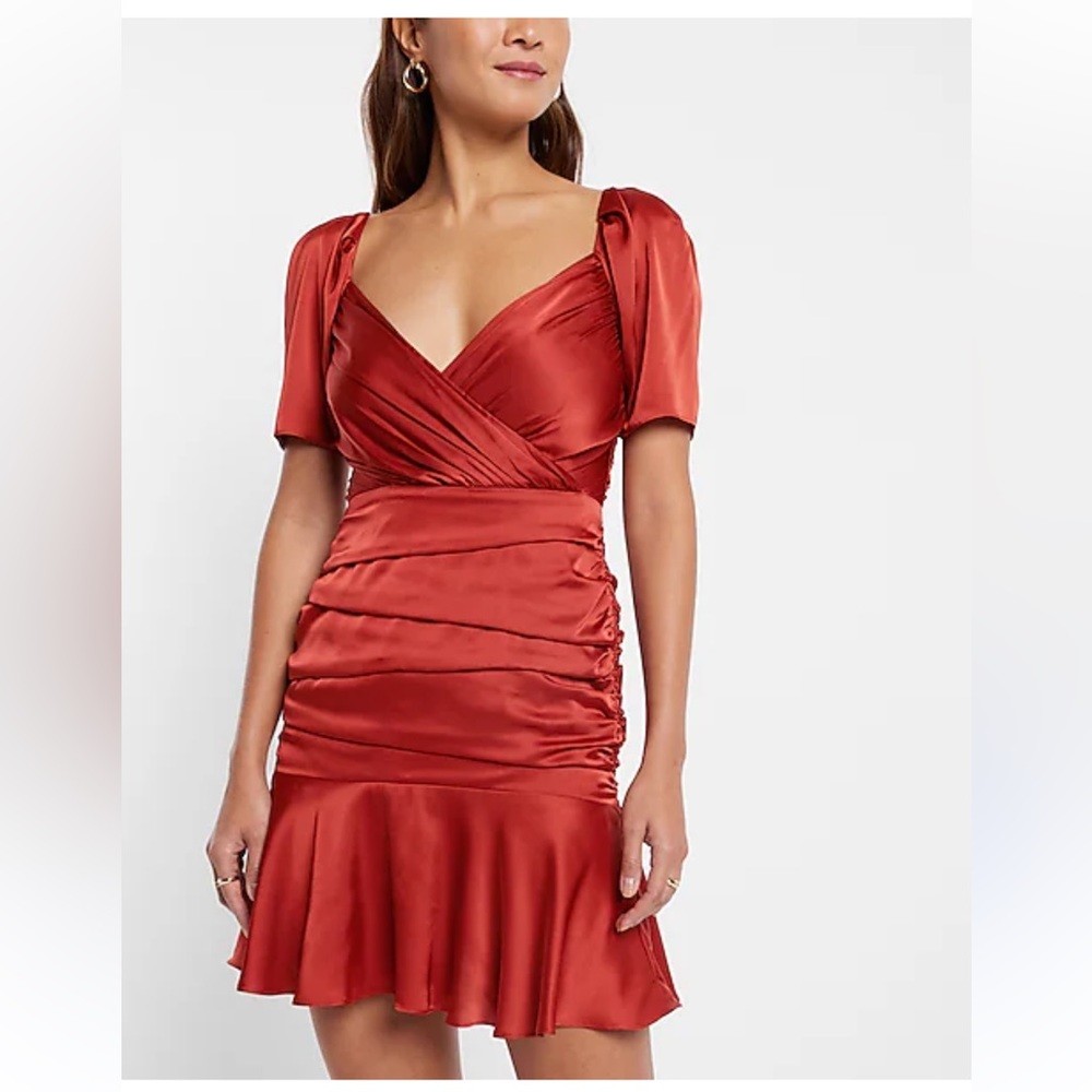 Satin Ruched Mini Dress in Rust Red - Picture 2 of 11